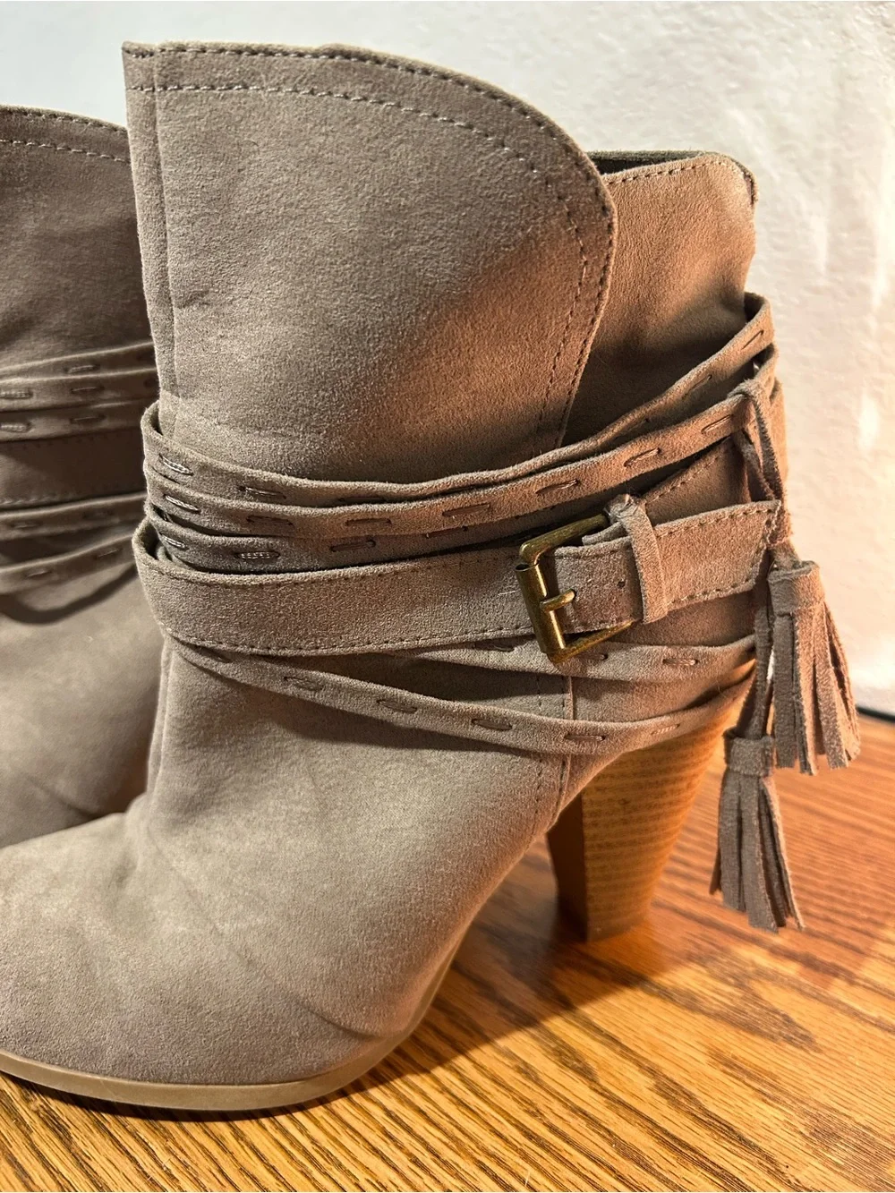 Qupid Taupe Suede Ankle Booties with Wrap Strap & Tassel